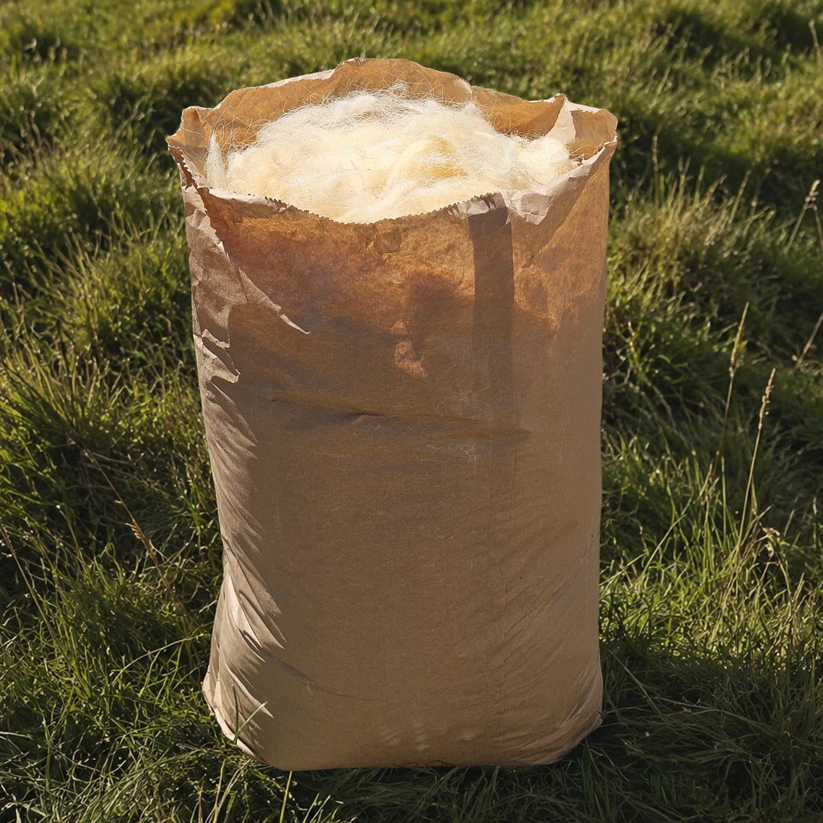 Sac kraft rempli de laine de brebis Manech en vrac, posé dans une prairie